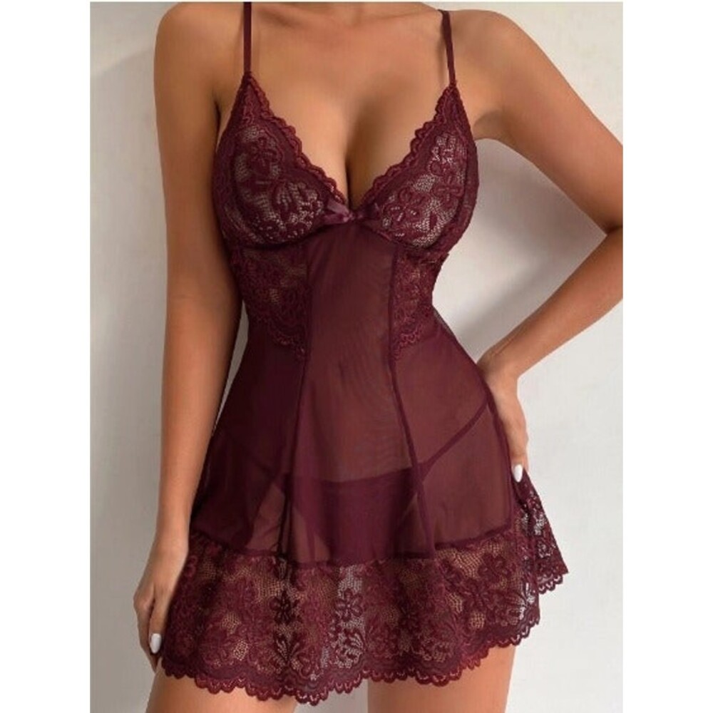 XXL Burgundy Red Floral Lace Scallop Trim Babydoll With Thong